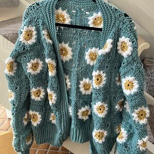 Floral Crochet Cardigan - Teal with Yellow and White Flowers